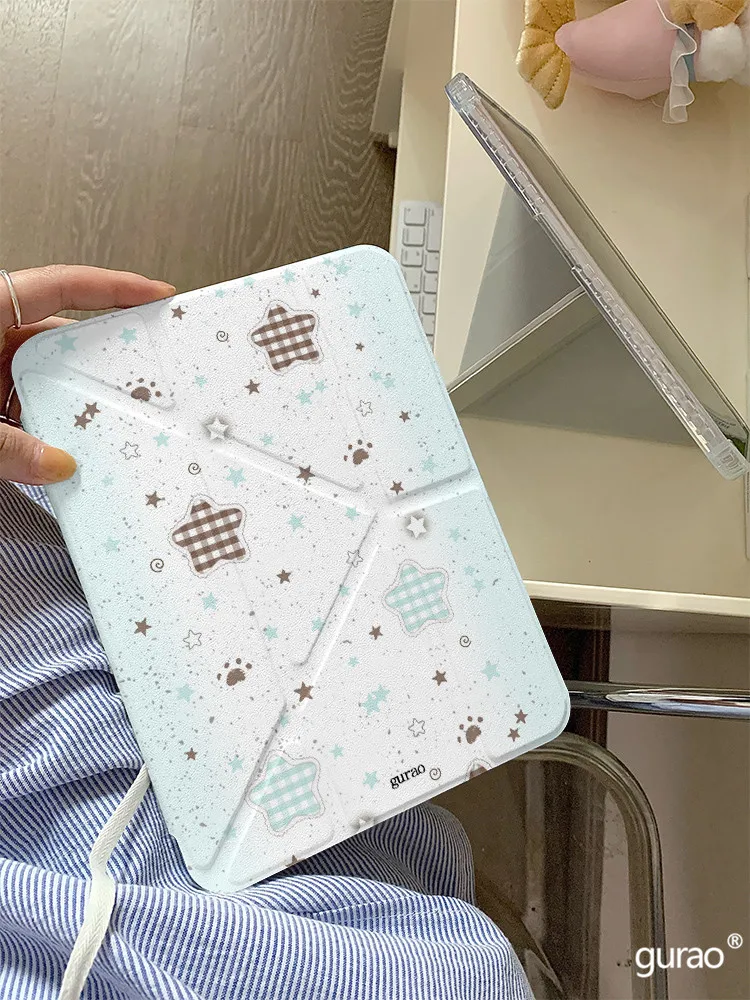 

Mint Green Ink Splash Plaid Star Y-Fold for iPad Case iPad 11/Air 7/6/10 & 10.2/10.9”/Mini 7 - Cute Girls Cover with Pencil Slot