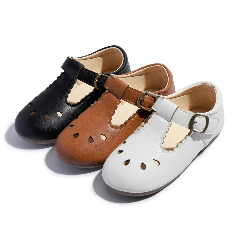 Summer Kids Shoes for Girl New Boy Girl Brown Leather Shoes Hollow and breathable Rubber Sole Baby Shoes Children's Dress Shoes