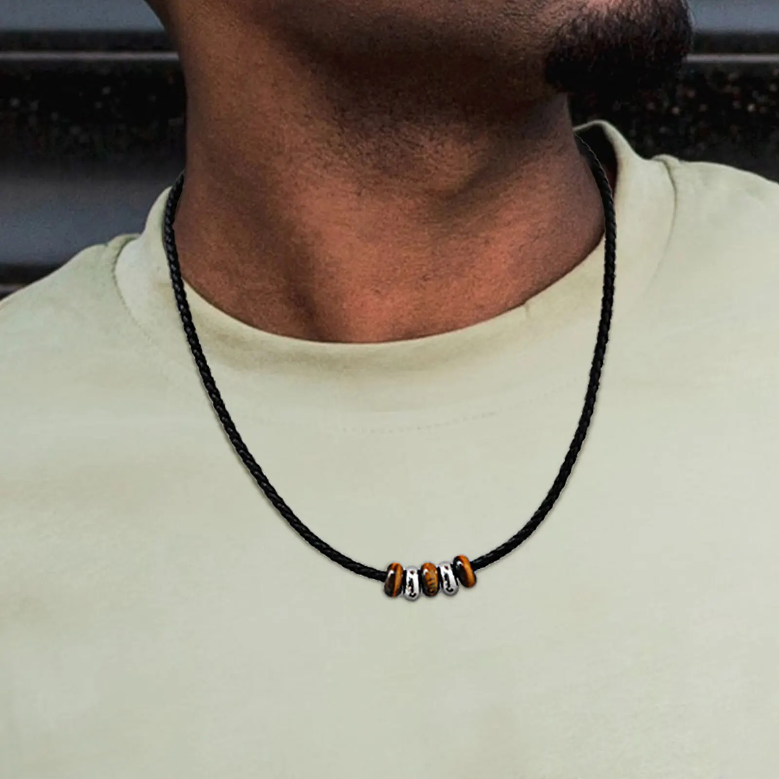 Vintage-Halskette aus PU-Leder für Herren, Edelstahlperlen, natürlicher Tigerauge-Steinhalsband, einfacher Schmuck, männliches Geschenk – Detail 1