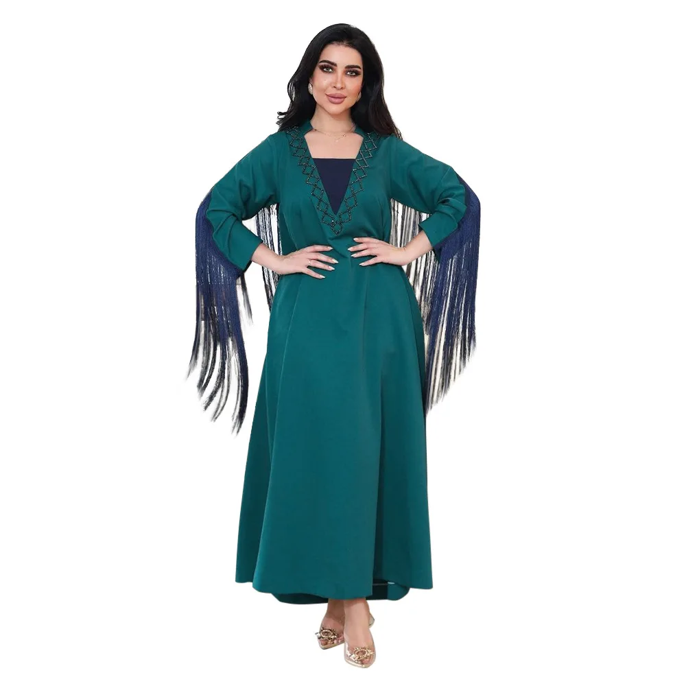 Middle East Diamond Fringed Robe Abaya Dress Muslim Dubai Arabian Women's Clothing Long Sleeve