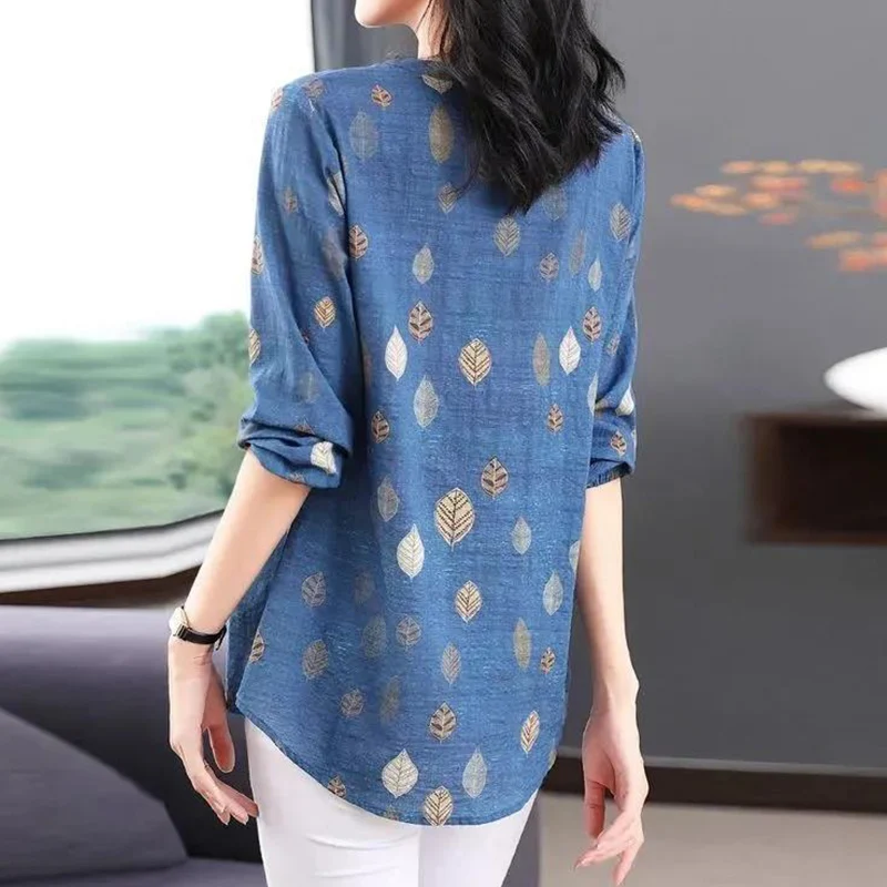 Casual Fashion Floral Printing Three Buttons Long Shirt Autumn 2023 New V-Neck Long Sleeve Loose Pullovers Tops Ladies Clothing