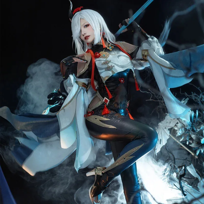 DY20Game Genshin Impact Shenhe أزياء تنكرية لشخصية الرسوم المتحركة أزياء الهالوين للنساء شعر مستعار بدلة مثيرة للحفلات حللا موحدة