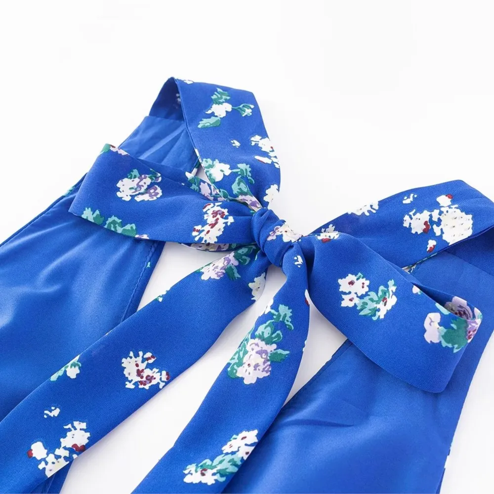 เซ็กซี่สีฟ้าพิมพ์ลายดอกไม้สีขาว Tie Bow Halter ชุดสลิงฤดูร้อนผู้หญิง Backless Slim เอว Midi ชุดยาว Robe Holiday