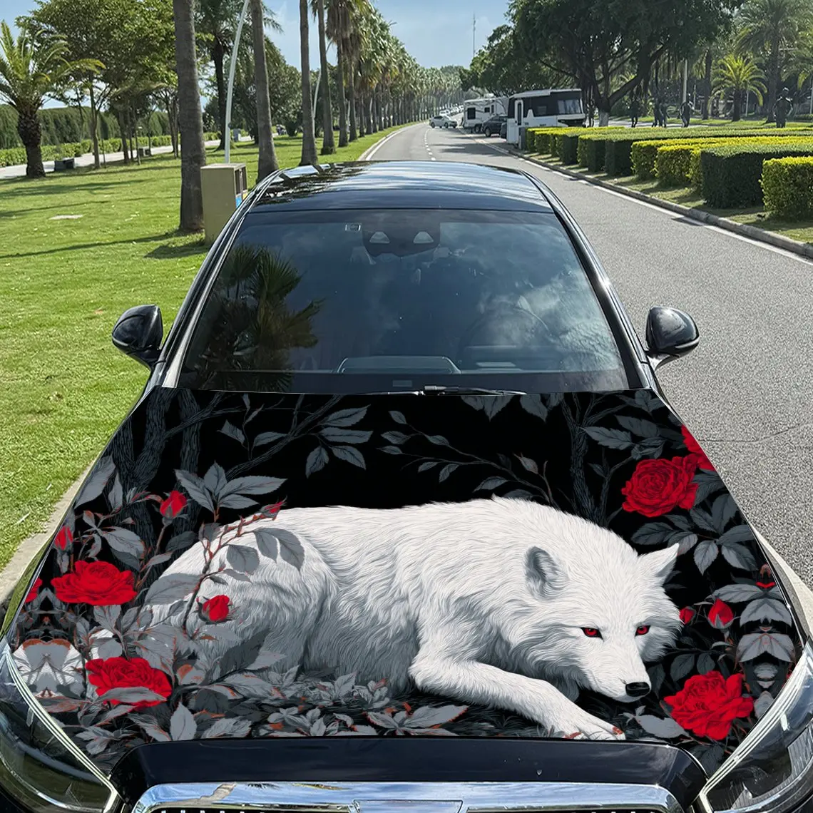 Realm of White Wolf und Red Roses Auto-Vinylfolie, wasserdichter Autohaubenaufkleber aus PVC-Material, selbstklebender, kratzfester Stic