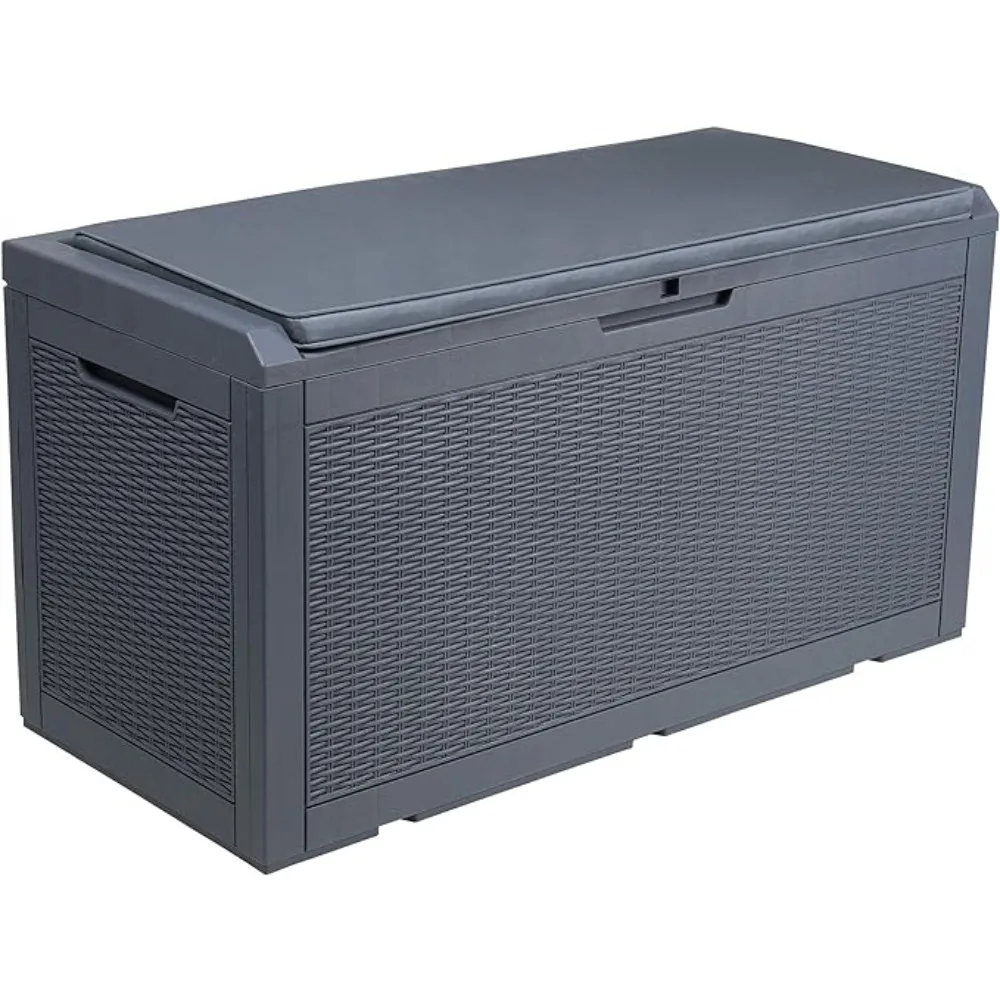 100 gallon large resin deck box outdoor storage box with padding, used for courtyard furniture, waterproof, lockable storage box