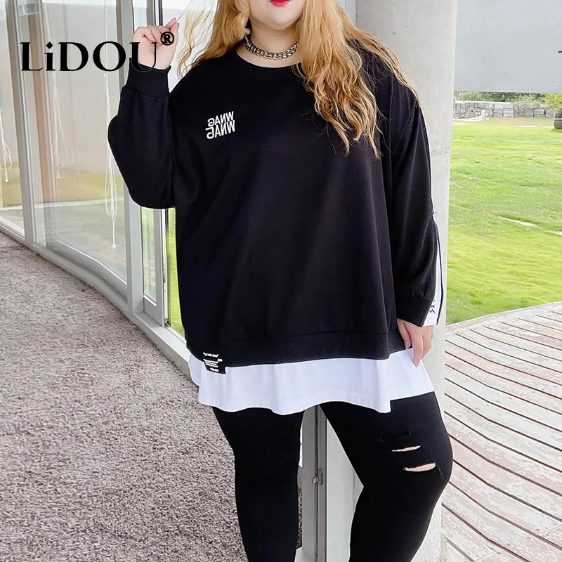 Frühling Herbst Neue Koreanische Mode Zwei Gefälschte Stücke Plus Größe Sweatshirt Frauen Brief Patchwork Casual Dame Tops Übergroße Kleidung