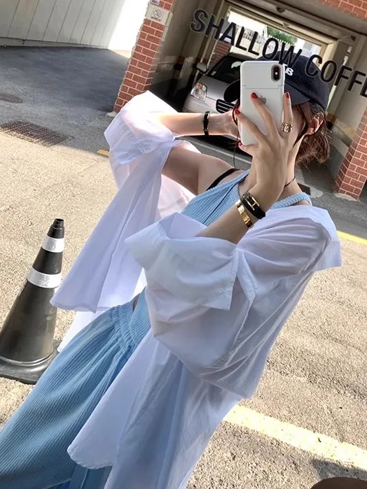 

Женский шикарный свободный ленивый утягивающий универсальный простой солнцезащитный костюм с завязкой на поясе с длинным воротником све