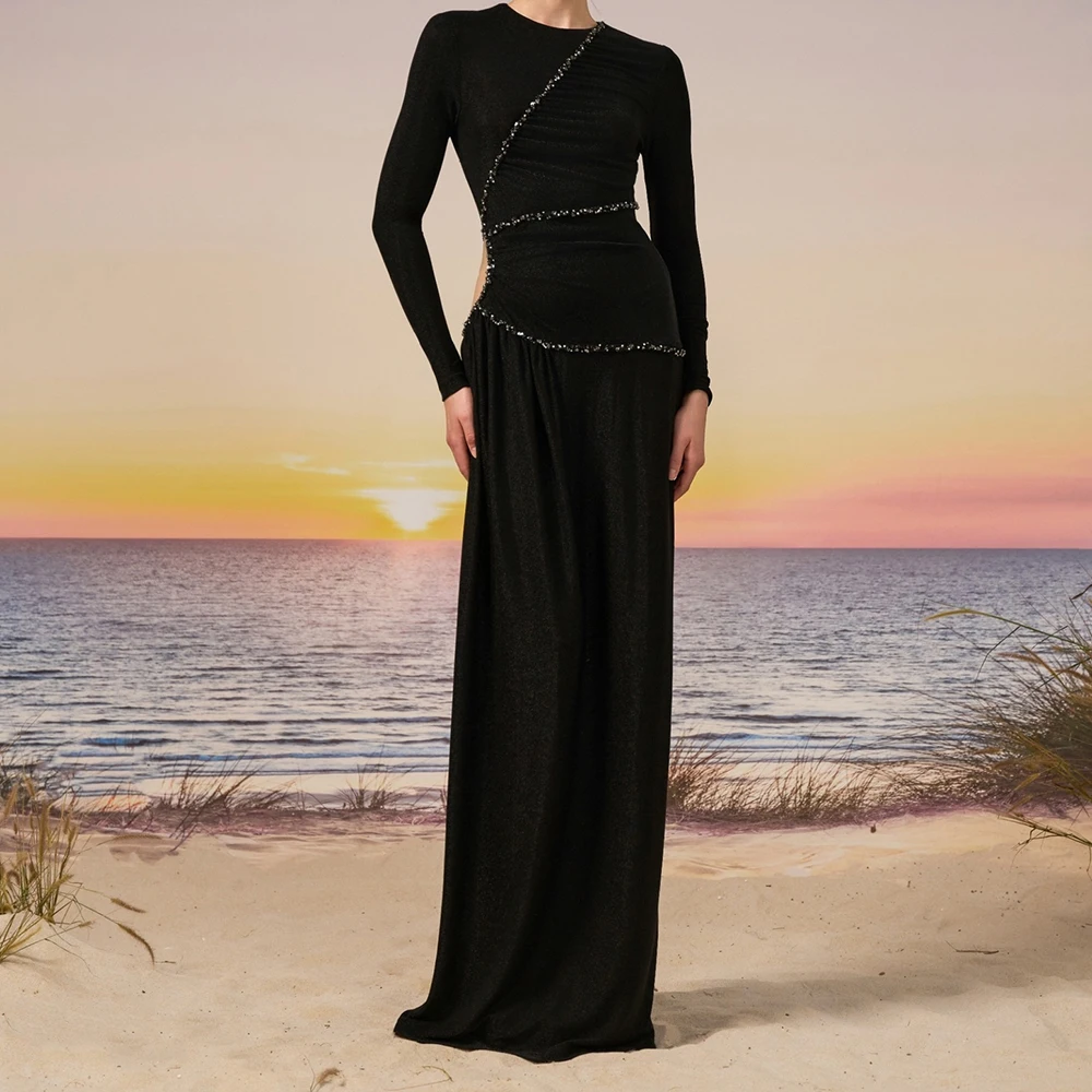 

Customized Straight Evening Dresses Floor-length O-neck Full Sleeve Prom Gown Fashion Sequined Simple Draped Casual Party Gown