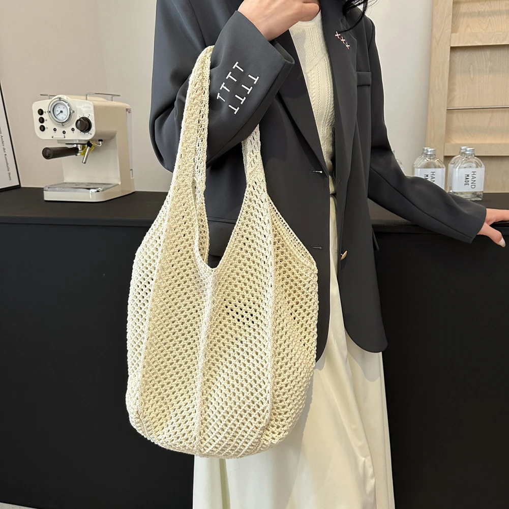 Women Crochet Tote Bag Fashion Knitted Bag Large Capacity Hollow Out Tote Bag Solid Color Woven Shoulder Bag for Travel Vacation