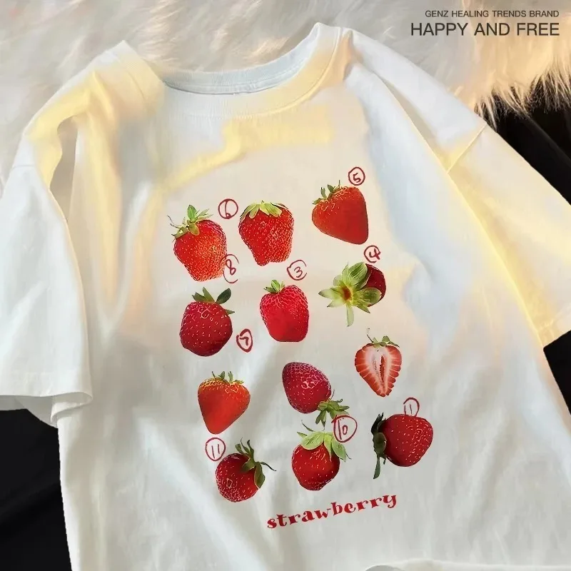 12 Types Strawberry Printing Cotton Tshirts Women Man Summer Fashion Harajuku Loose Cute Couple Round Neck Tees  Kawaii Clothes