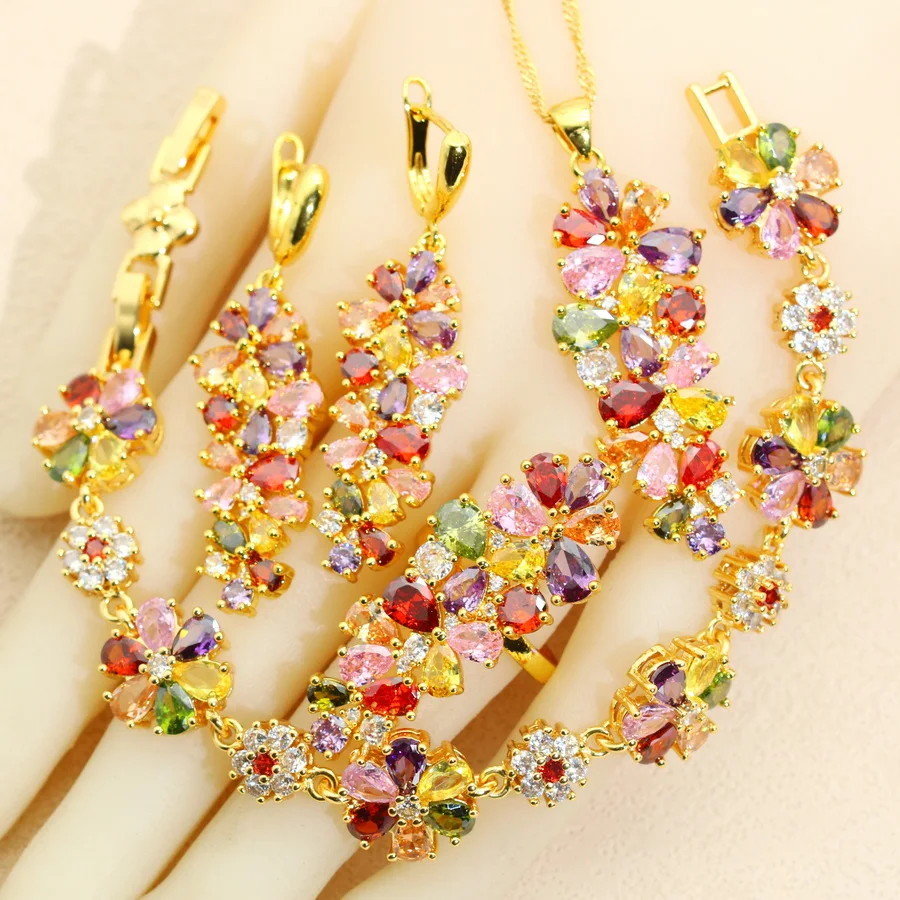 Luxury Multicolor Crystal Gold Plated Jewelry Sets Earrings Necklace Pendant Ring Bracelet  Jewellry For Women Wedding Gift