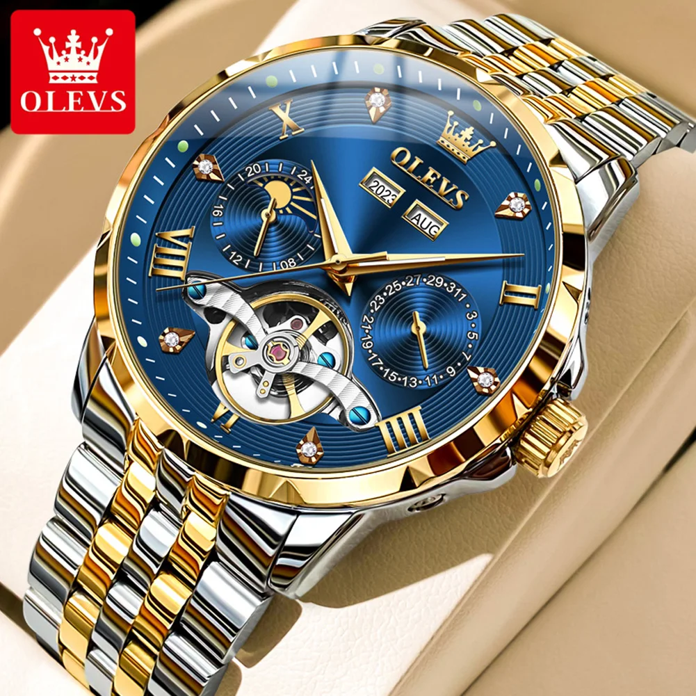 OLEVS 6691 Men Watch Luxury Business Original Flywheel Automatic Mechanical Watch For Man Perpetual Calendar Moon Phase Luminous
