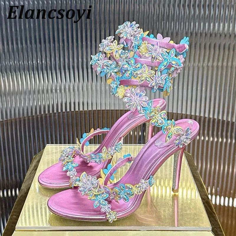 High Heels Sandals Women Fairy Rhinestone Flower Ankle Snake Shaped Winding Stiletto Sandalias Summer Sexy Banquet Dress Shoes