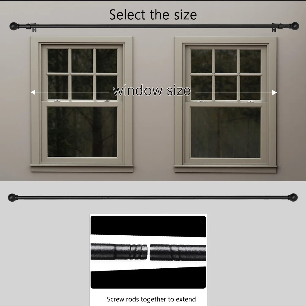 Universelles Gardinenstangenset, 45 Zoll - 147 Zoll. Hochleistungs-Verlängerungsstange, geeignet für große Fenster. Gespleißtes Design. Schwarz, Weiß, Gold, Silber. – Detail 6
