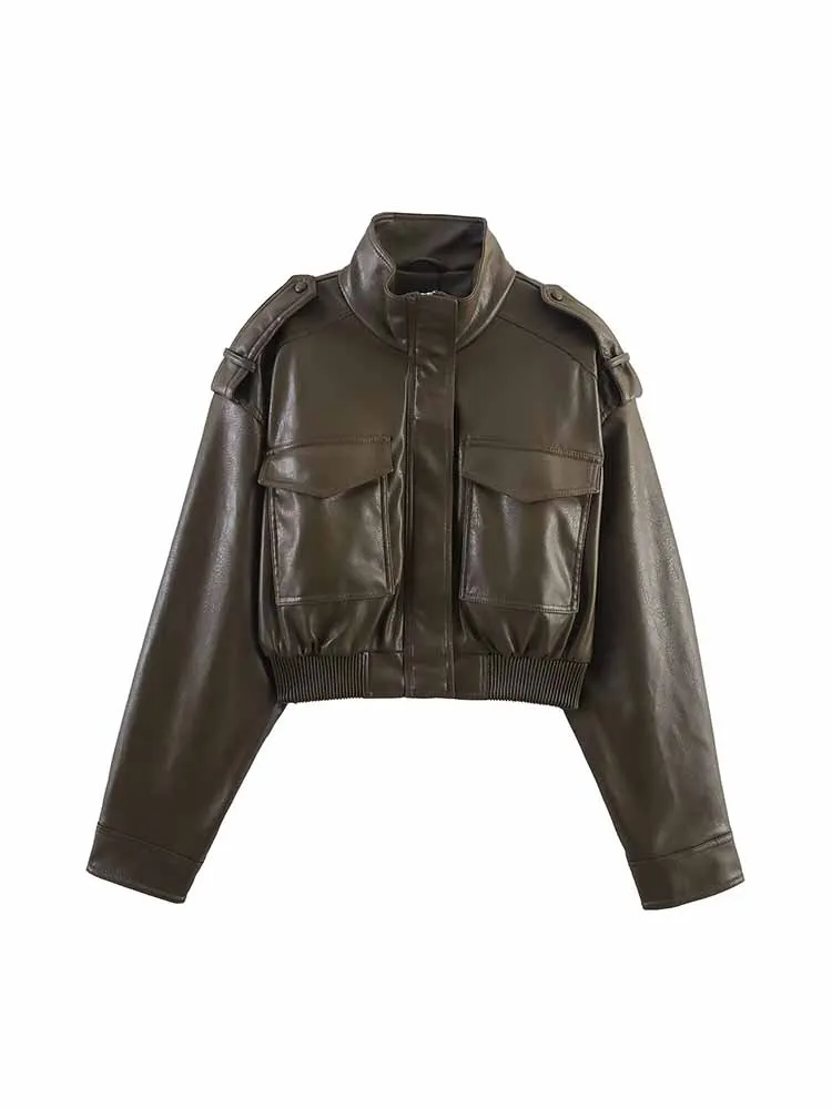 European and American style autumn new fashion women's motorcycle shiny imitation leather stand collar long sleeve jacket short