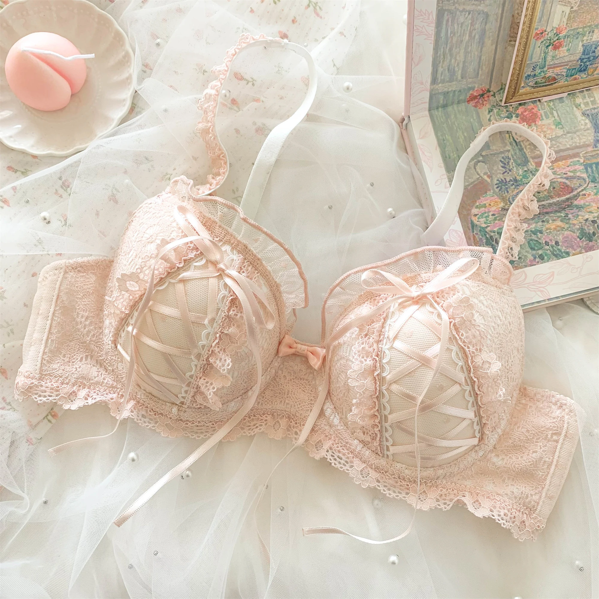 Lolita Lace Strapless Lingerie For Women Sweet Gathering 3/4 Bra Cute Japanese Girl Court Lolita Anti Sagging Bra