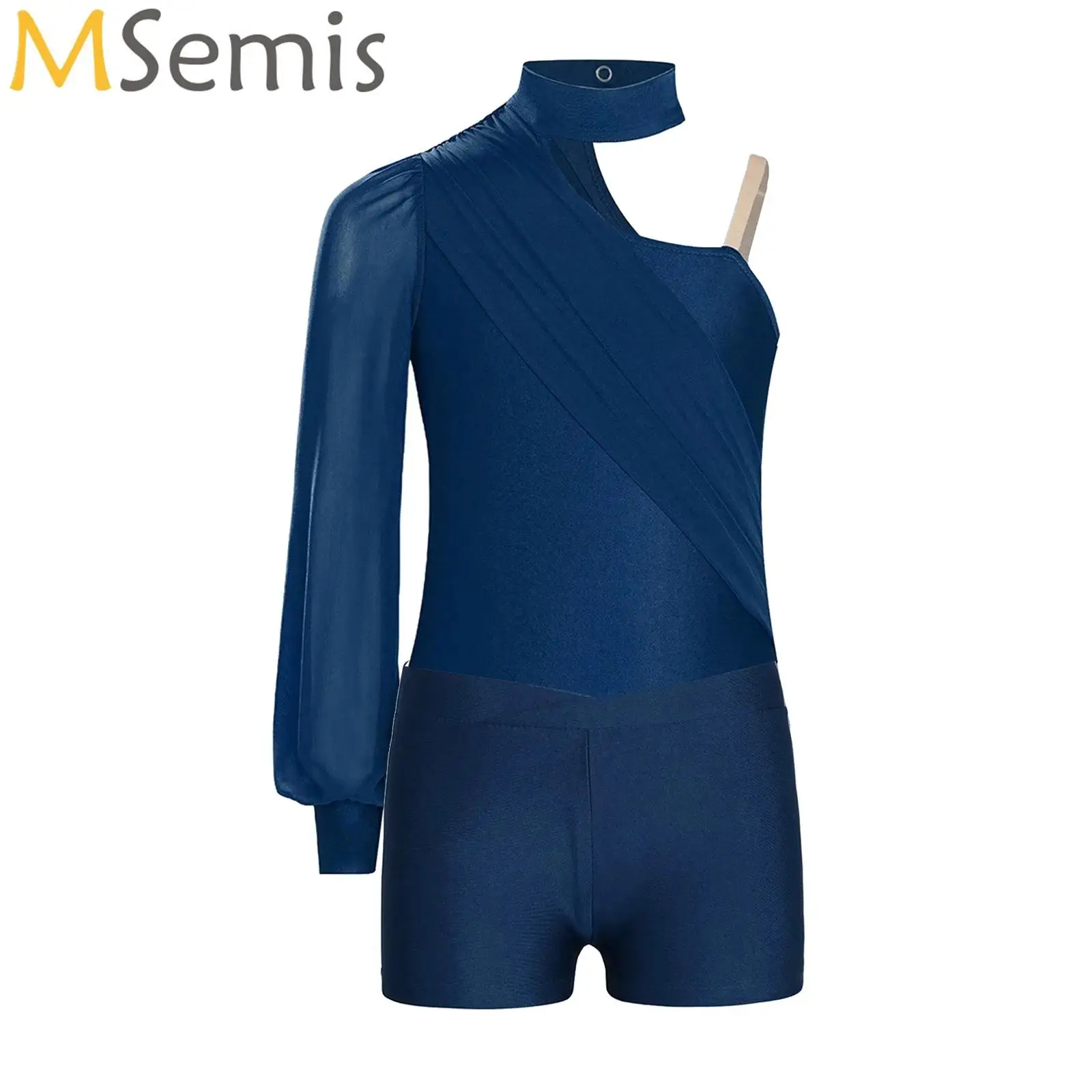 

Kids Girls Figure Skating Costume Gymnastics Ballet Jersey Dance One Shoulder Ruched Mesh Overlay Leotard with Shorts Outfits