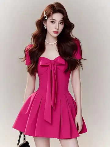 2025 새로운 프랑스어 로맨틱 달콤한 우아한 드레스 여름 하이 스트리트 패션 기질 Pleated a 라인 짧은 드레스 여성