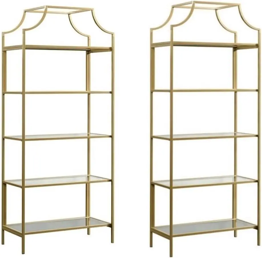 2 Piece 5 Shelf Metal Framed Bookcase Set in Satin Gold