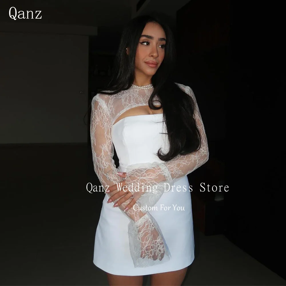 Qanz White Mermaid Wedding Dress Satin Long Sleeves Sexy Illusion Mini Lace Up Back Party Dresses Vestido De Novia Boda Civil