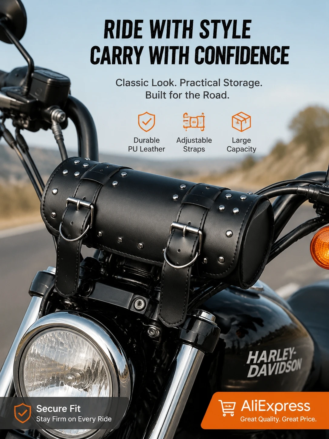 Rivet Retro Cylindrical Motorcycle Tool Bag PU Leather Front Fork Saddle Bag Universal Motorbike Rear Seat Storage Pouch
