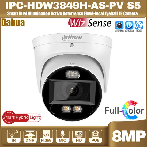 Original Dahua IPC-HDW3849H-AS-PV S5 POE 4K 8MP Smart Dual Light Active Deterrence WizSense Network Camera Full Color Audio