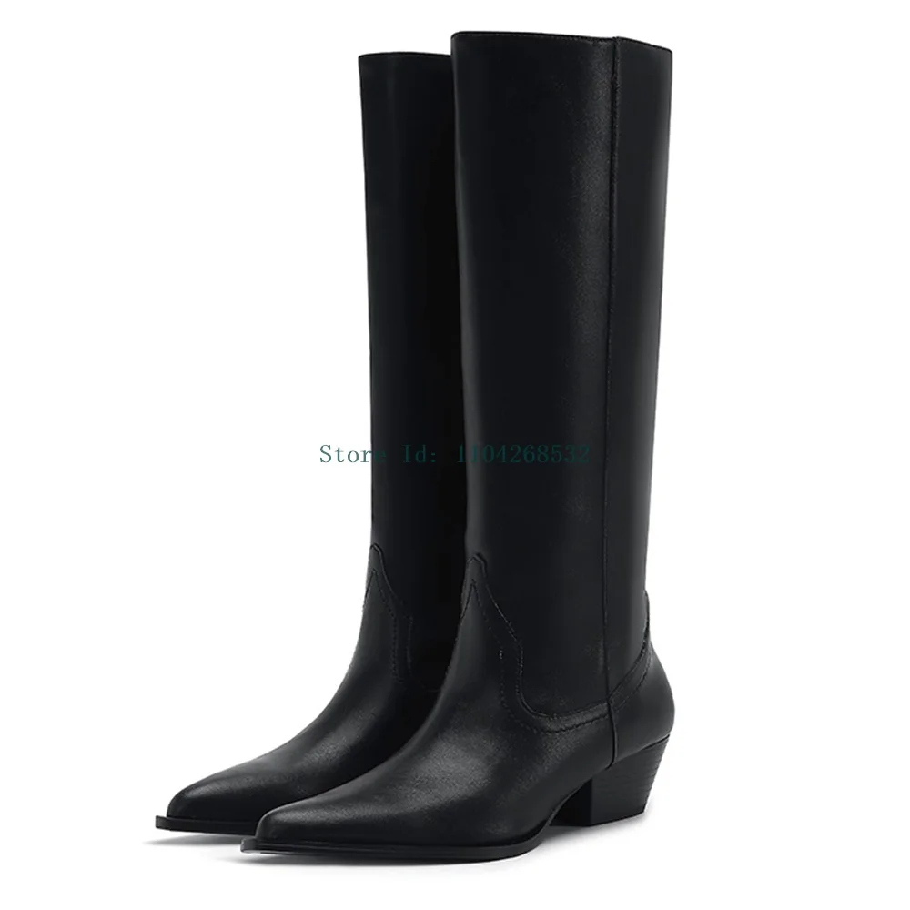 Botas altas de couro genuíno até o joelho, bico fino, salto quadrado, costura sólida, recém-chegados, moda feminina, botas de motocicleta