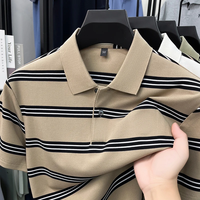 Fashion striped color blocked short sleeve polo shirt light luxury men's summer breathable comfort business casual lapel T-shirt