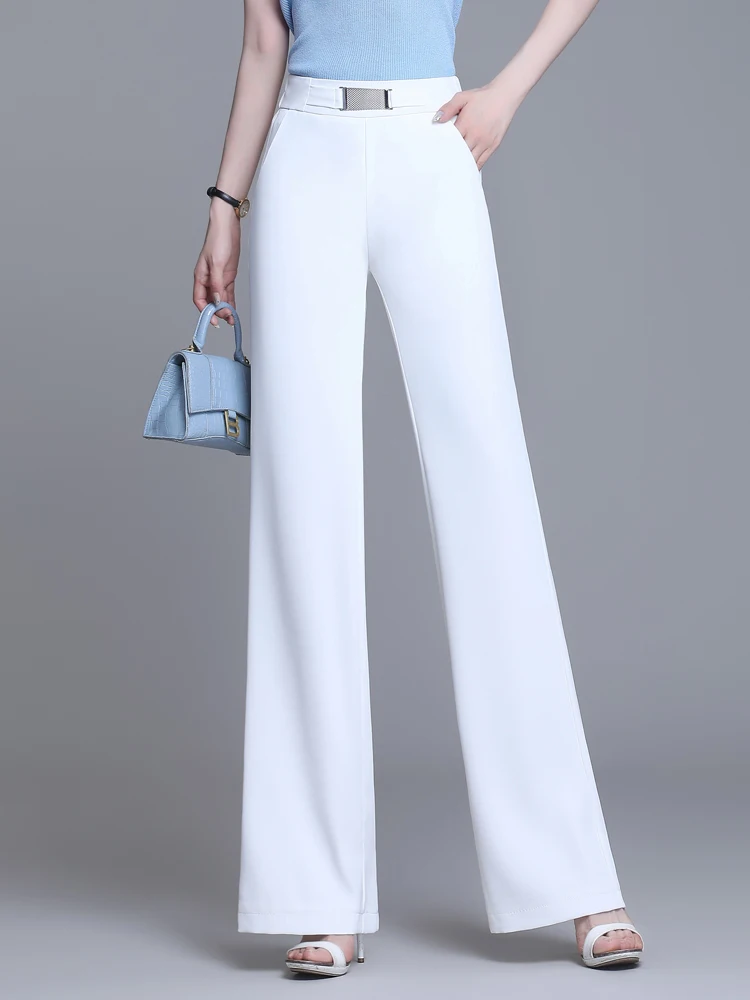 

Женские брюки с высокой талией из ледяного шелка, широкие, прямые, повседневные, тонкие, летние, новый стиль, свободный крой