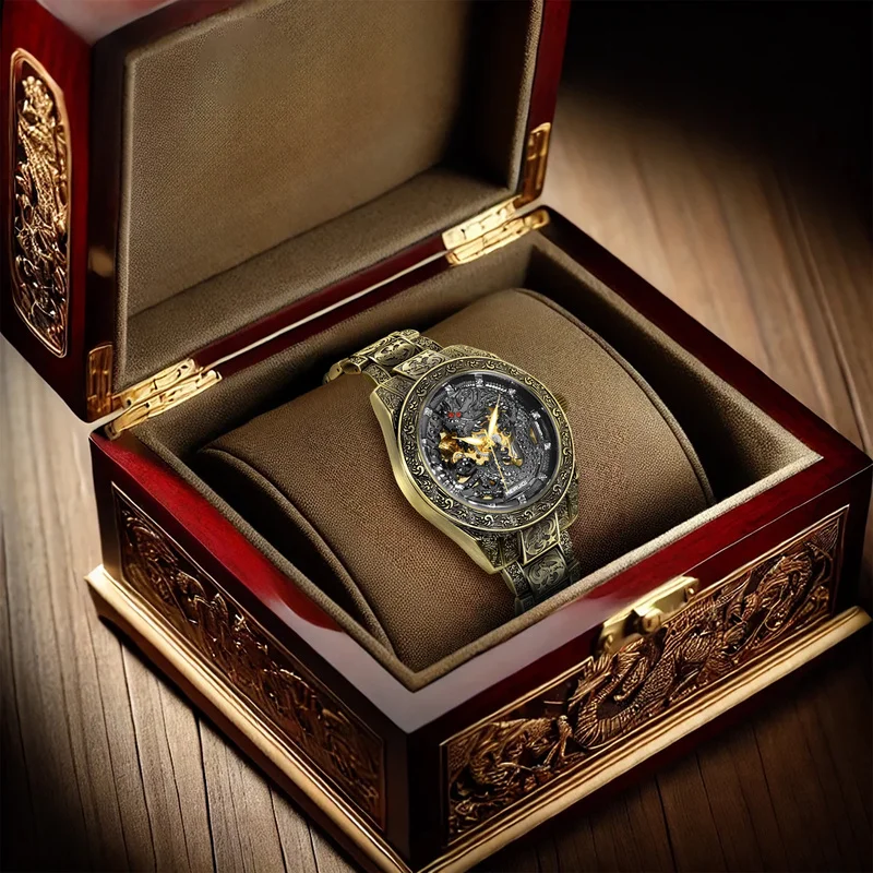 

Мужские медные чёрные ретро-часы с изысканным полностью автоматическим механизмом и резным узором в виде дракона.