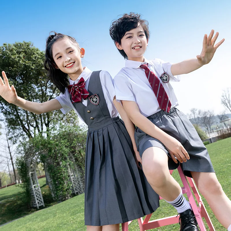 Uniforme scolaire japonais pour enfants, chemise blanche, robe chasuble plissée grise, pantalon, short à nœud, ensemble de vêtements pour fille et garçon, tenue d'étudiant