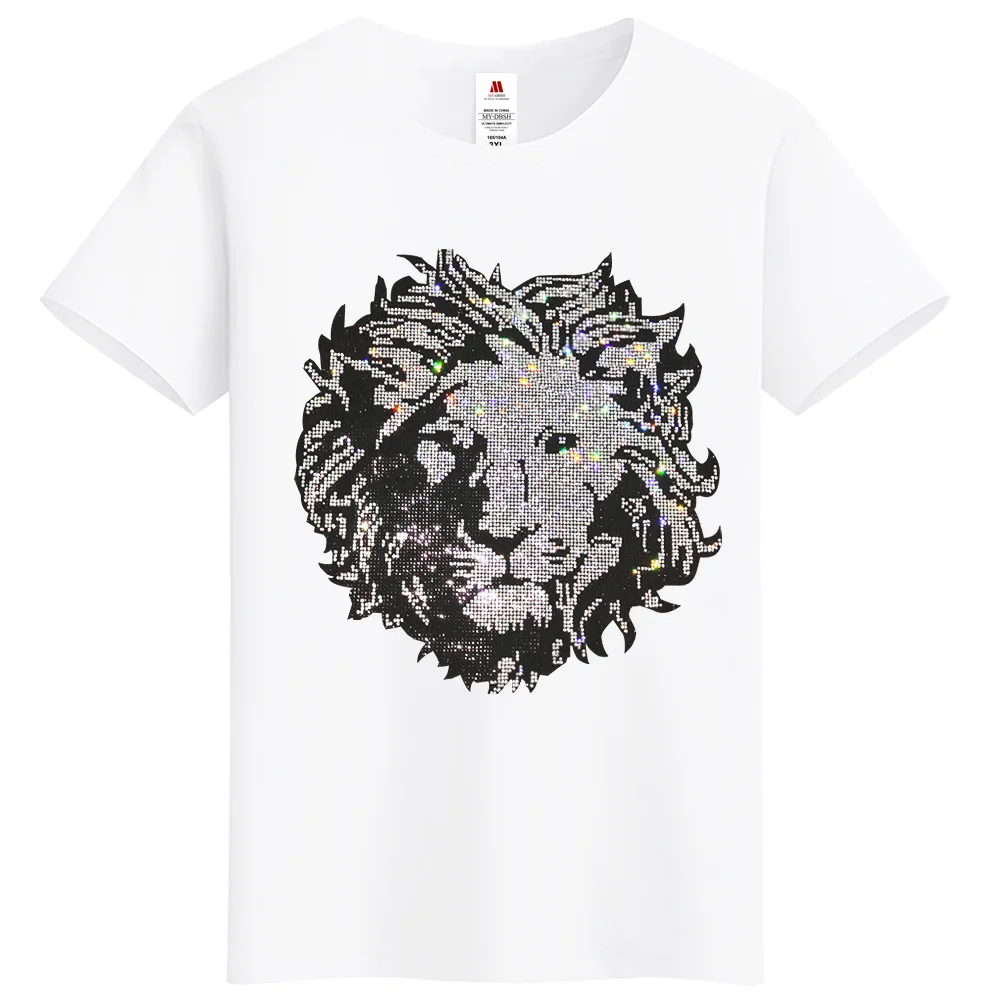 2024 Summer Man Short Sleeve Diamond T-shirt Boys Rock Punk Style New Lion King Print Cotton Tshirt Brand Trend Tops Pullover