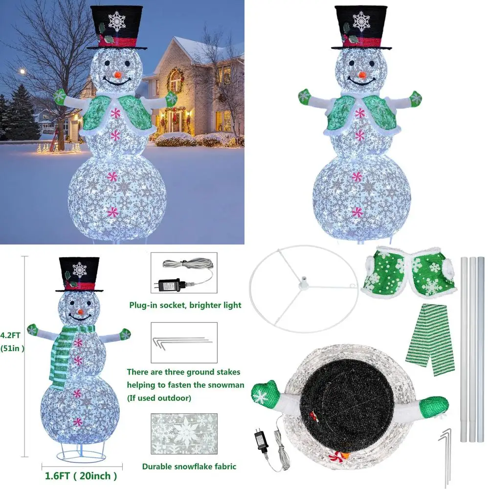 رجل ثلج قابل للطي بإضاءة LED مقاس 51 بوصة لتزيين حديقة عيد الميلاد في الهواء الطلق مع وشاح أخضر وسترة #1