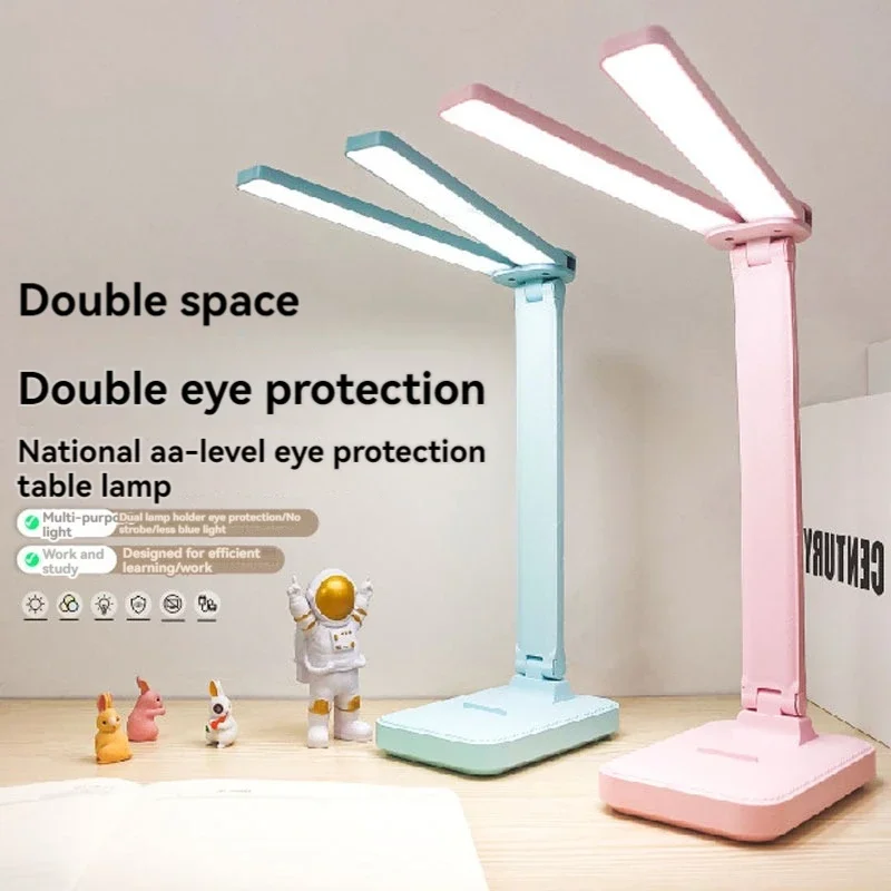 

2-head Folding Desk Lamp, Student Learning Eye Protection LED Desk Light, Dimmable, Rechargeable, Adjustable Angle Table Lamp