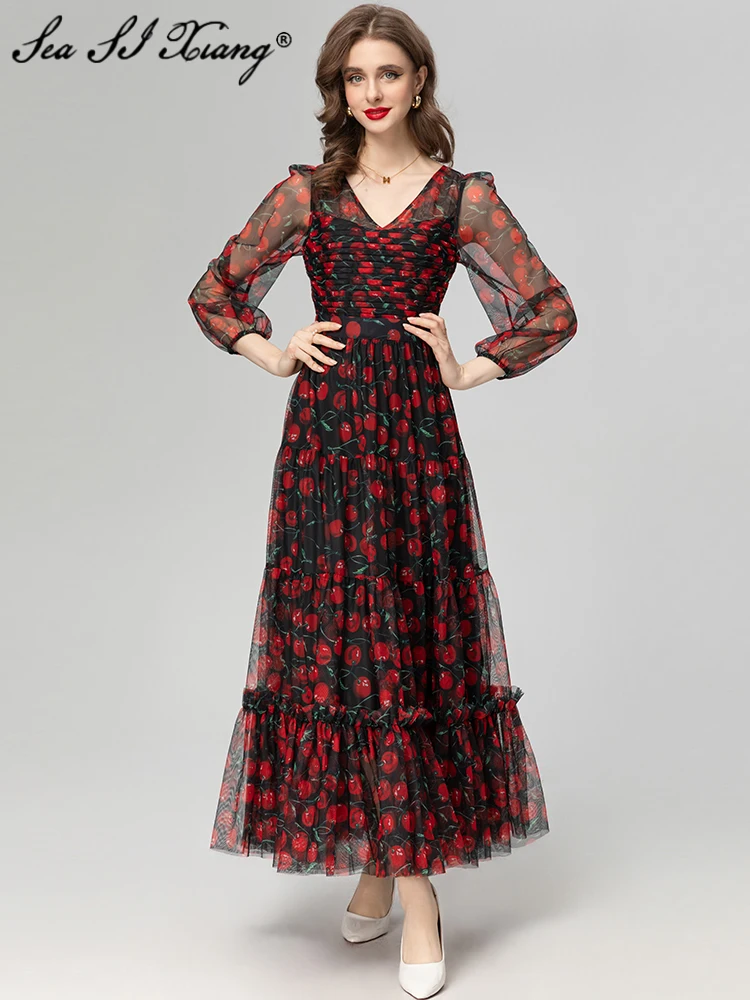 

Seasixiang Fashion Designer Spring Mesh Long Dress Women V-Neck Lantern Sleeve Folds Cherry Print Elegant Party Dresses