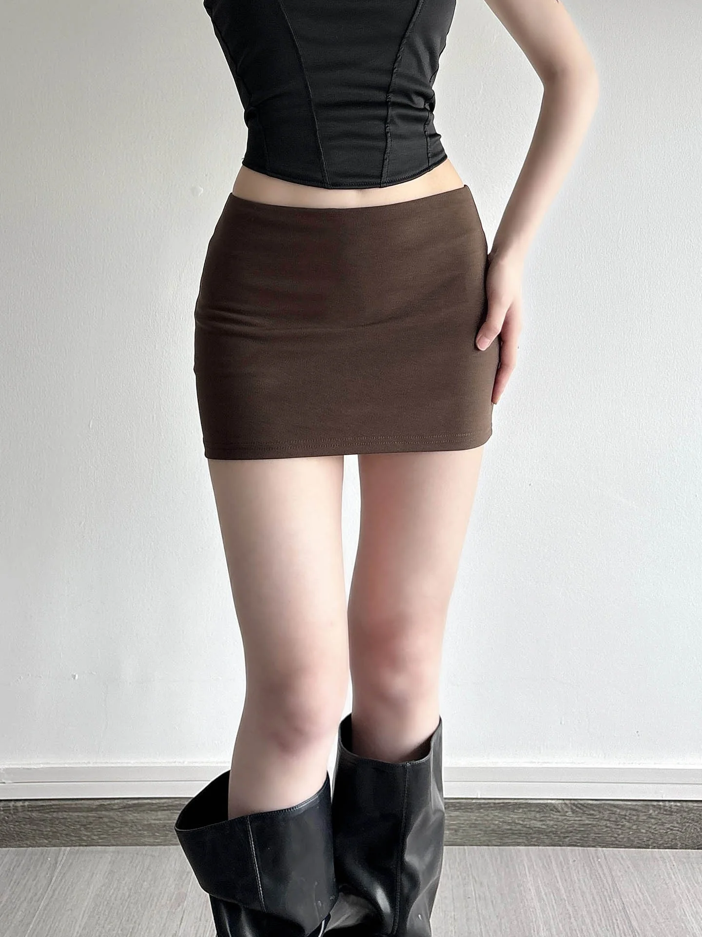 

WEEKEEP Brown Retro Simple Hot Girl One-Piece Low-Waist Bodycon Skirt Street Style Women's Fashion Bodycon Half-length S...