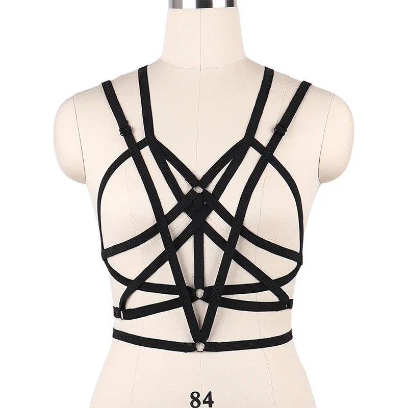 

Black Harness Bra Sexy Perspective Pentagram Body Harness Woman Goth Bondage Lingerie Crop Top Body Cage