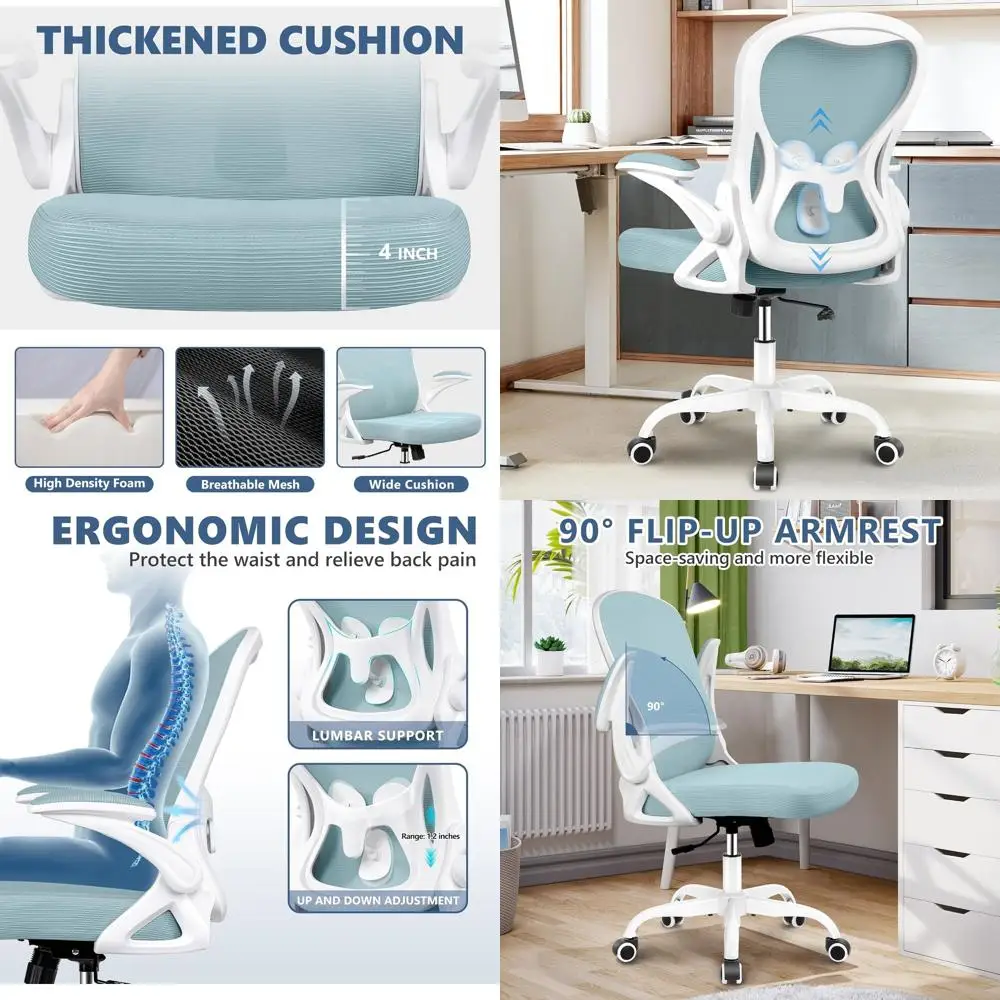 

Офисное кресло с сетчатой спинкой средней высоты, регулируемой поясничной опорой и откидными подлокотниками, светло-голубое