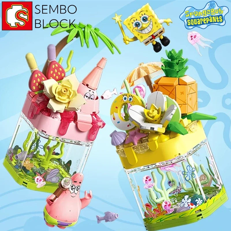 SEMBO SpongeBob SquarePants Building Blocks Pineapple House Ornaments Patrick Star Model Birthday Gift Kawaii Children's Toys