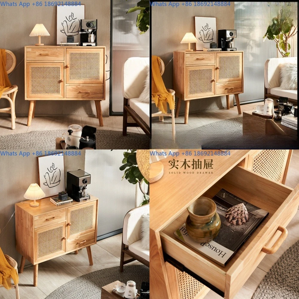 

Solid Wood Sideboard for Dining Room Living Room Storage Cabinet with Handwoven Rattan Design
