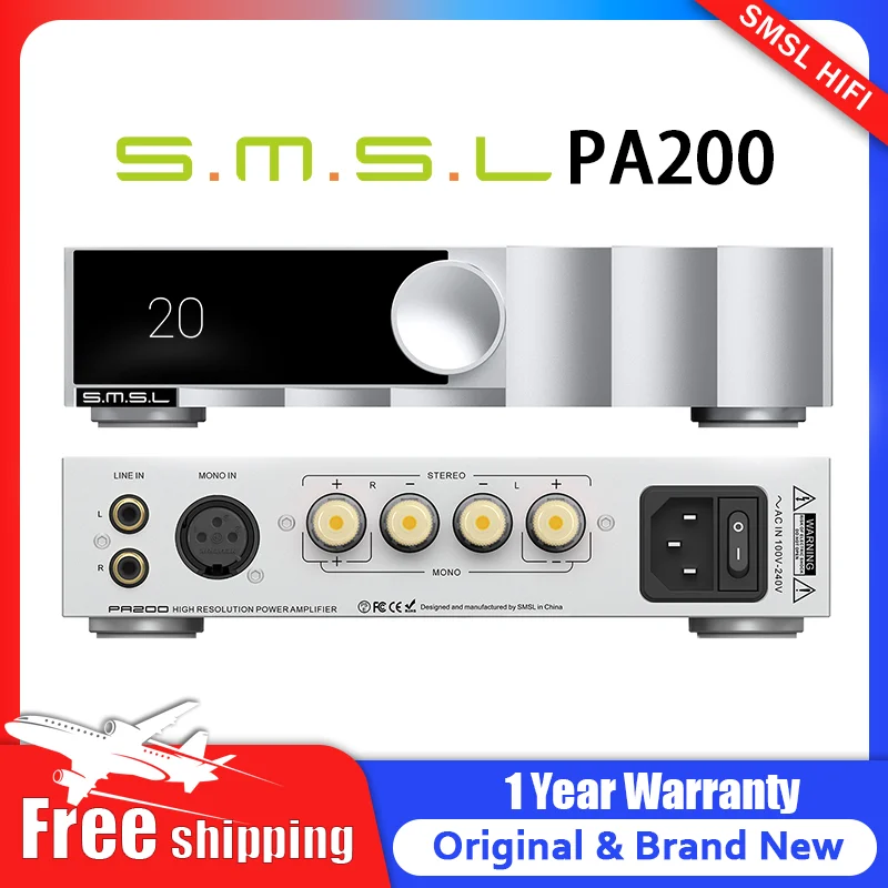 SMSL PA200 Gallium Nitride Power Amplifier XLR Mono Input Mode Stereo Pure Amplifier Pass-Through Mode High-Power Audio Grade