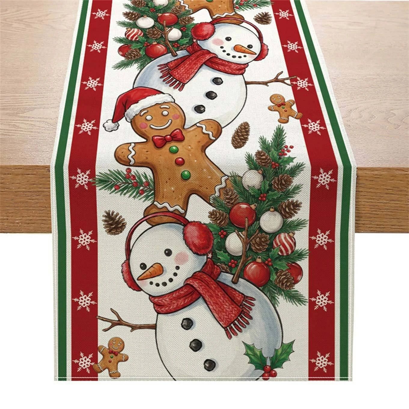 Linen Table Runner - VIKAMA Snowman Gingerbread Stack Table Runner,