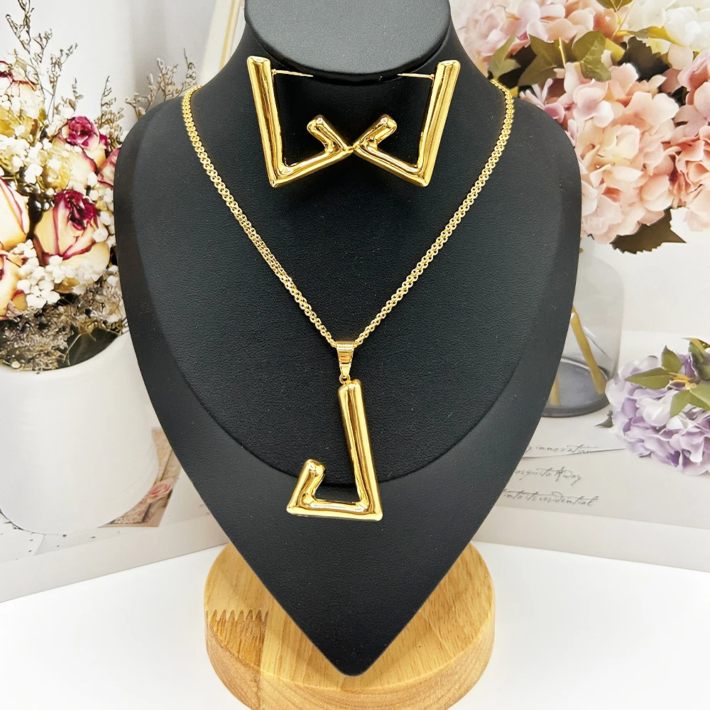 

Fashion Simple Geometry Pendant Earrings Jewelry Set Luxury Gold Color Minimalist Chain Bohemian Trendy Jewelry Anniversary Part