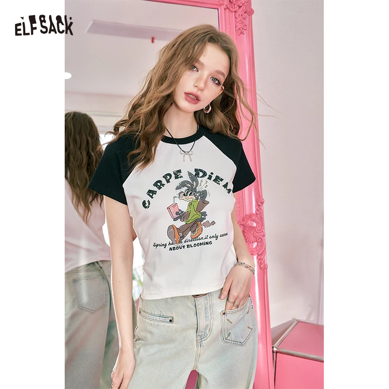 

ELFSACK Vintage Raglan Crop T-Shirt for Women, Contrast Short Sleeve Tee with Cartoon Print, Casual Y2K Top for Summer