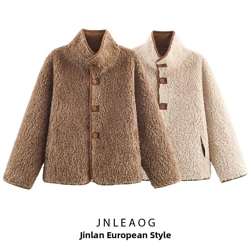 

Double-Sided Wear Teddy Fur Long Sve Stand Collar Leather And Fur Inteated Jaet JNLEAOG Autumn New Women's Faion