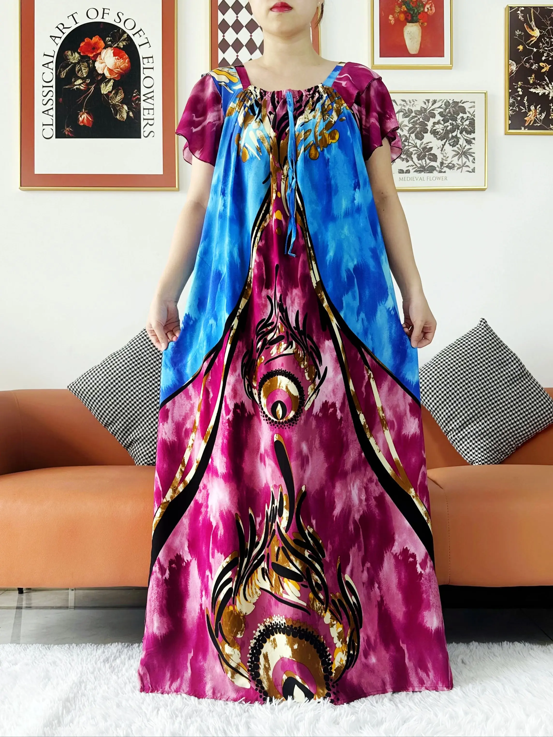 2024 Nowa muzułmańska abaja dla kobiet Boat Neck African Cotton Maxi Printed Loose Floral Boubou Maxi Islam Women Short Sleeve Abaya