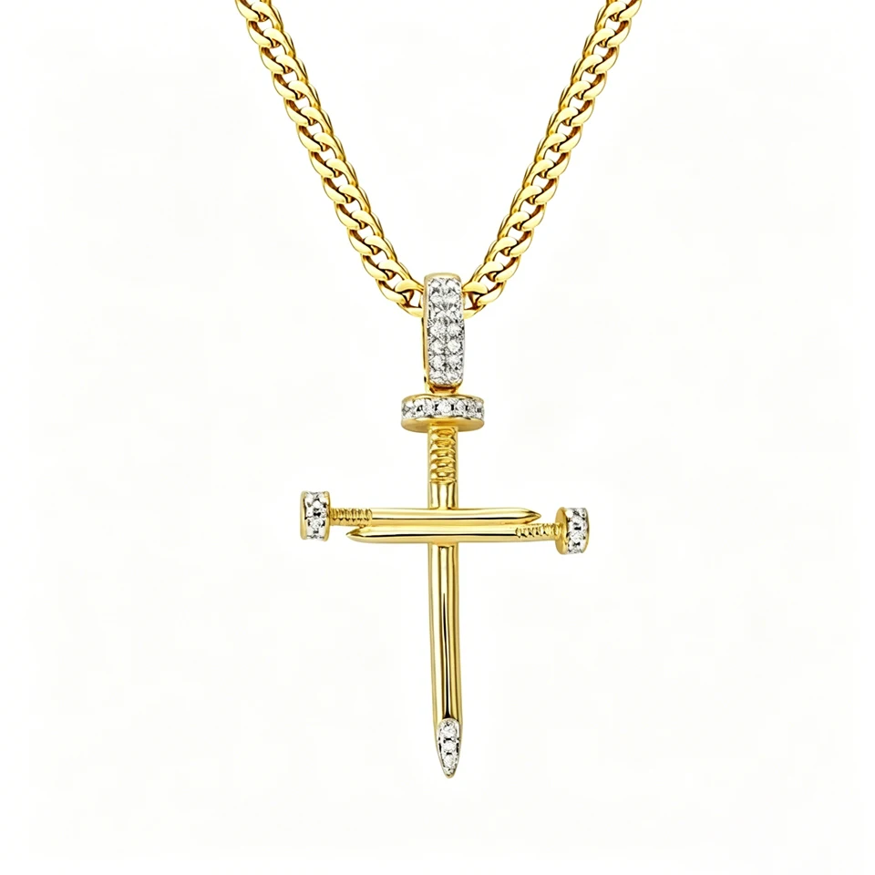 

VANAXIN Men's 14K Gold Plated Nail Cross Pendant Necklace Iced CZ Inlaid Hip Hop Jewelry Punk Charm Daily Wear Accessory
