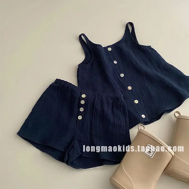 

2026 Summer New Children Sleeveless Clothes Set Baby Girls Solid Breathable Sling Vest + Shorts 2pcs Suit Kids Cotton Outfits