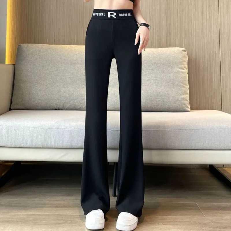 Autumn and Winter Women\'s Solid Colors Letter Elastic High Waist Fashion Slim Boot Cut Pants Pockets Classic Casual Commuter Tro