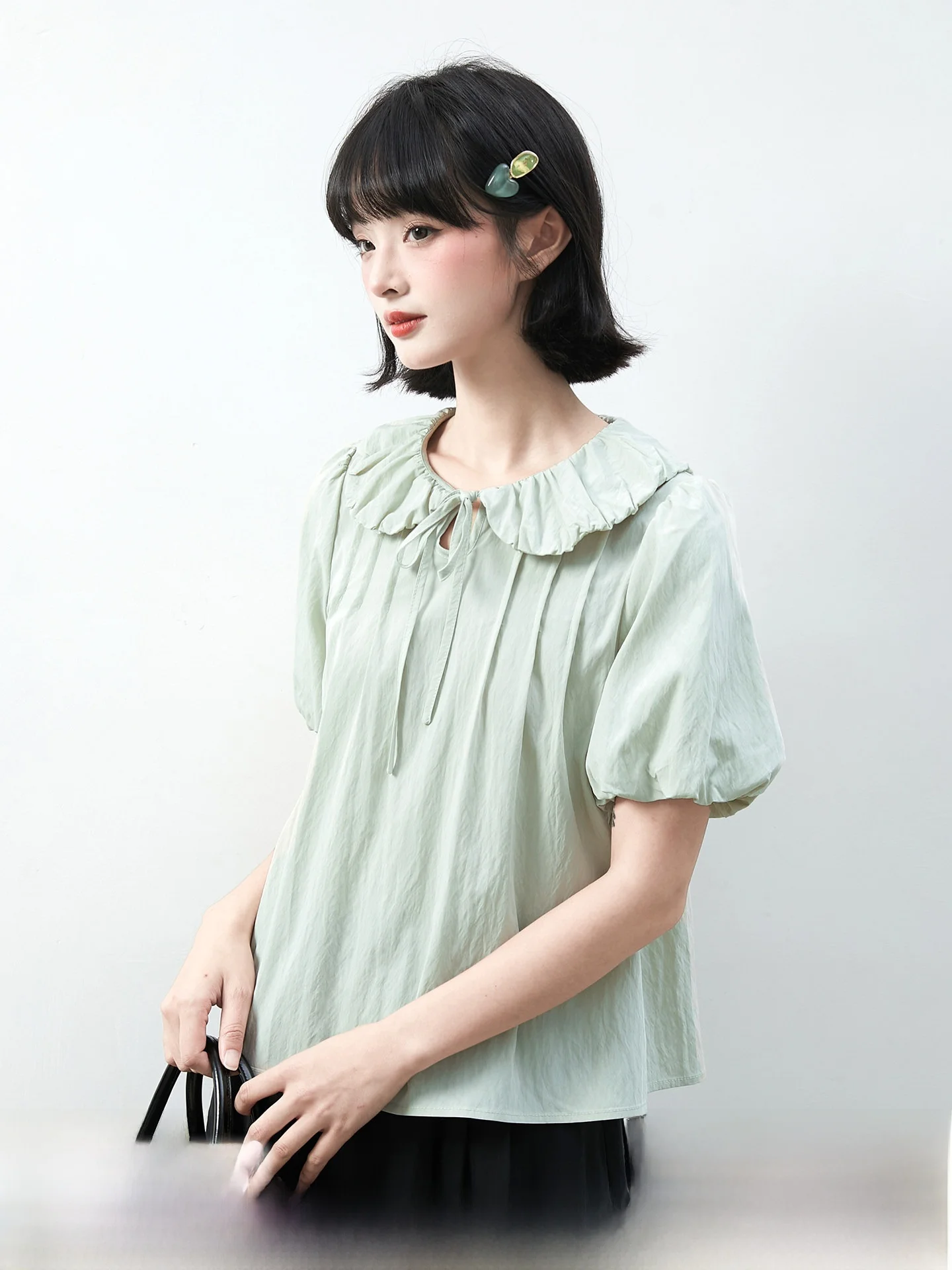 

Свободная блузка Sweet Sle с плиссированным воротником-бантом и цветочным узором, тонкая, зеленого цвета, для молодых девушек, летняя одежда